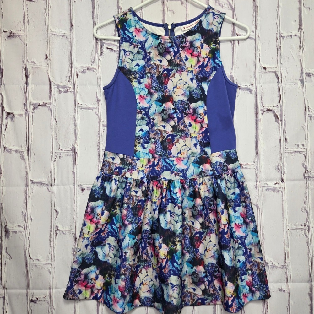 American Girl Floral Dress‎ Blue Purple Kids Size 14 Sleeveless Fit and Flare